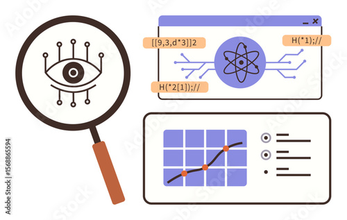 Magnifying glass over digital circuit with an eye, graph and code snippets, symbolizing AI analysis, data visualization, programming, research, technology, and innovation. Ideal for tech blogs