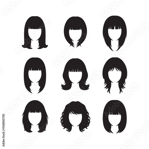 Nine Black Silhouettes of Womens Hairstyles with Bangs Bobs and Curly Hair Styles on White Background