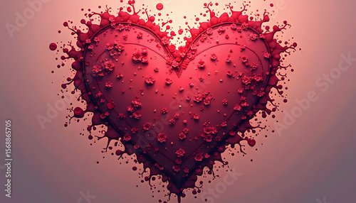 Red Heart Decorated with Flowers on a Pink Background