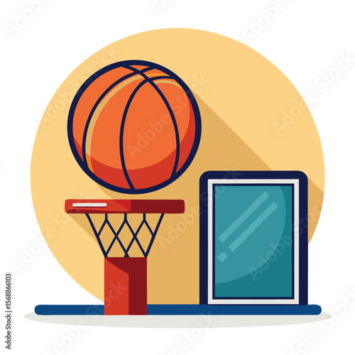 A basketball and hoop with a visible net, a classic icon for sports, games, and competition.