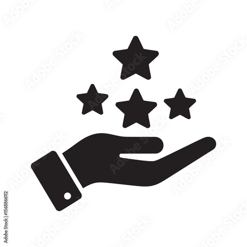 Excellent rating solid icon showing a hand offering stars for five star review representing best customer feedback and quality satisfaction vector glyph