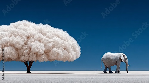 White elephant walks by a large white fluffy tree under a clear blue sky