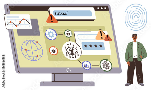 Computer screen with security alerts, gears, eye icon, globe, fingerprint, and threat icons. Ideal for cybersecurity, online safety, data protection internet risks user accounts hacking