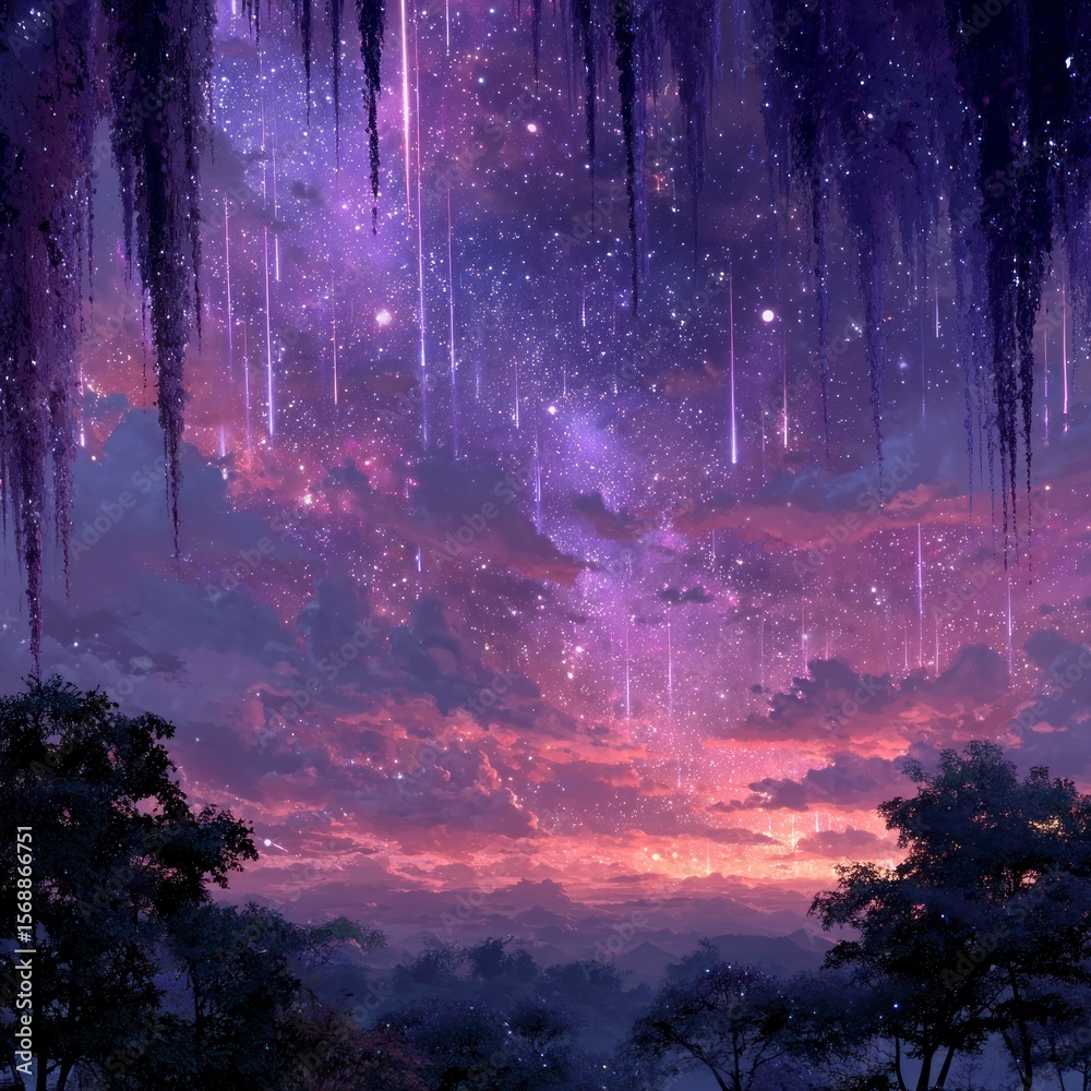 Fototapeta premium A stunning vibrant night sky filled with countless stars glowing meteor showers and clouds framed by silhouetted trees