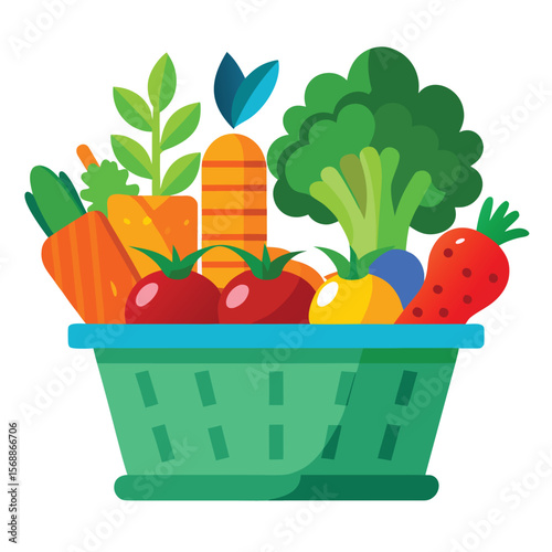 A basket overflowing with fresh vegetables like cabbage, carrots, and lettuce, a healthy and colorful icon for a market.
