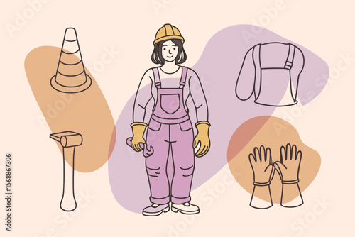 Female Construction Worker with Tools and Safety Gear in a Stylized Illustration with Soft Colors