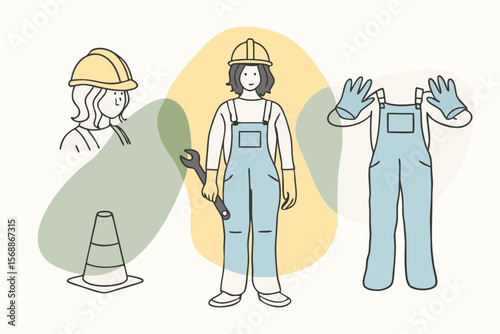 Illustration of a female construction worker with a wrench and safety cone in a minimalist style