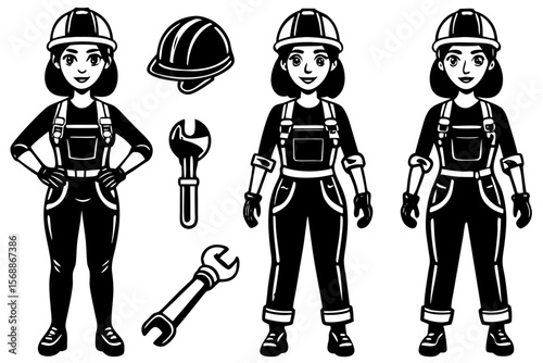Black and white vector illustration of a female construction worker with tools and safety helmet options