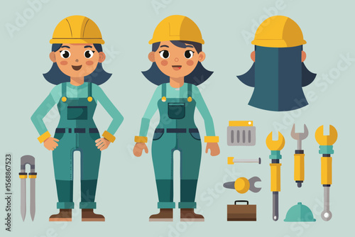 Female Construction Worker with Tools in Flat Vector Style Front and Back Views on Light Blue Background