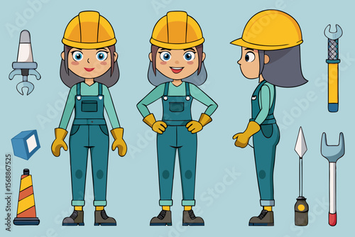 Cartoon Female Construction Worker Character Sheet with Tools Front Side and Angled Views on a Light Blue Background