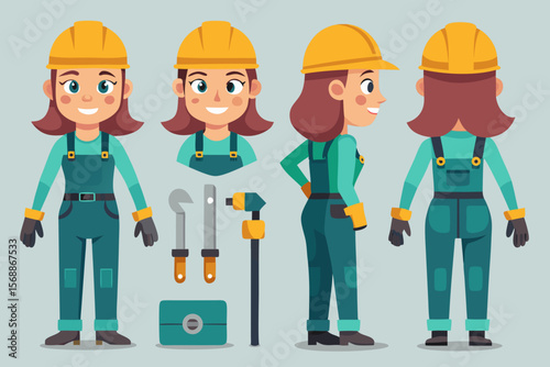 Cartoon Woman Construction Worker Character Sheet with Tools and Hard Hat in Front Side and Back Views