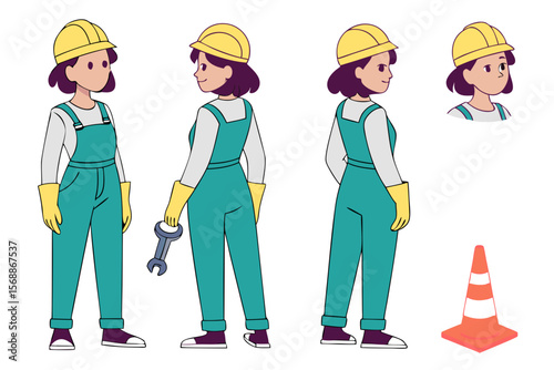 Cartoon Woman Construction Worker Character Sheet with Hard Hat Overalls Gloves Wrench and Traffic Cone