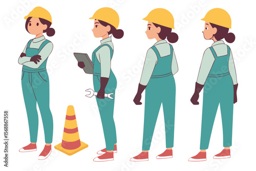 Cartoon Female Construction Worker in Different Poses with Hard Hat and Traffic Cone Illustration