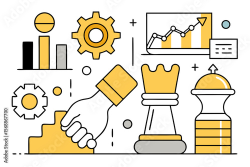 Business Strategy and Growth Concept with Hand Climbing Stairs and Chess Pieces in Line Art