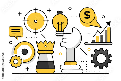 Strategic Business Planning and Innovation with Chess Pieces Lightbulb Target Gear and Financial Growth Chart