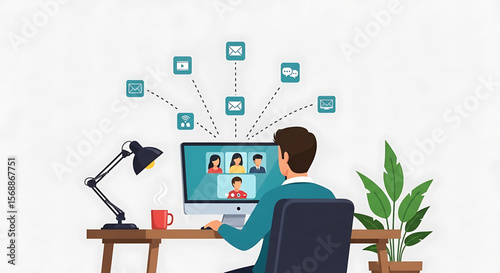 Man Attending Video Conference on Computer at Desk, Illustration