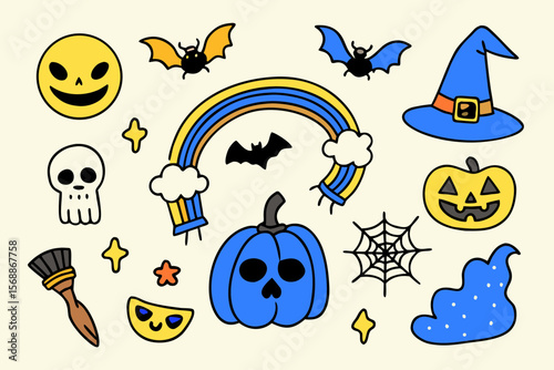 Whimsical Halloween Doodle Set with Rainbow Bats Pumpkins Witch Hat Skull and Other Spooky Elements