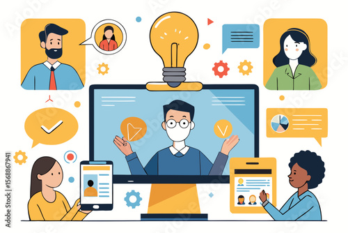 Online Meeting Illustration with Diverse Participants and a Central Presenter on a Computer Screen