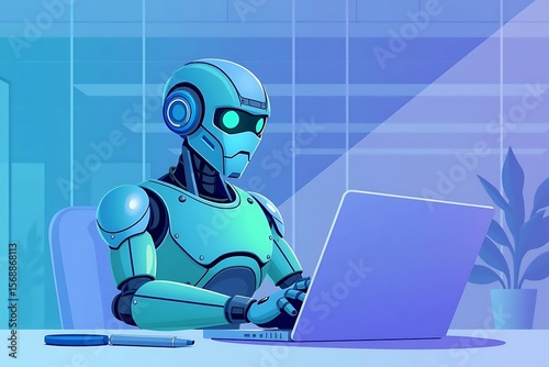 Modern Humanoid Robot Using Laptop in Futuristic Workspace, Depicting Advanced Artificial Intelligence, Automation and Digital Productivity in Technology Environment