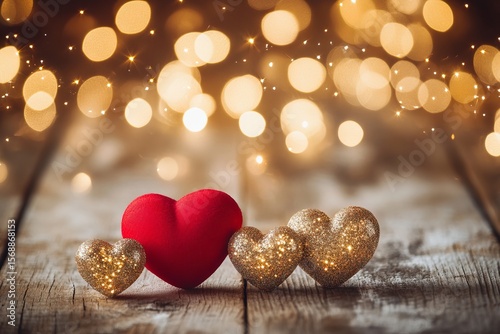 Romantic holiday background with red and gold glitter hearts on rustic wooden surface with warm glowing bokeh lights, perfect for expressing love, affection, and celebration