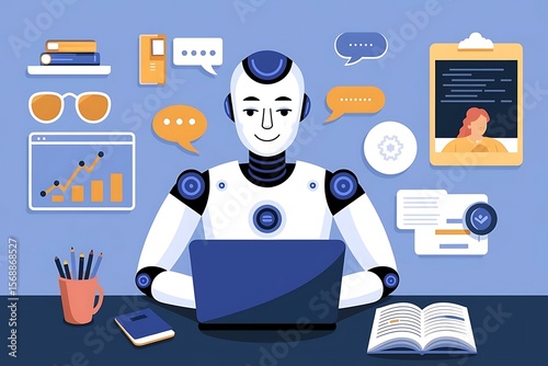 Modern Humanoid Robot Typing on Laptop in Futuristic Office Space, Symbolizing Future of Work, ai technology and Digital Transformation