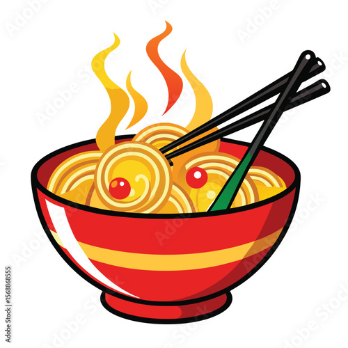 A bowl of steaming ramen noodles with chopsticks, a symbol of a delicious meal and Asian cuisine.