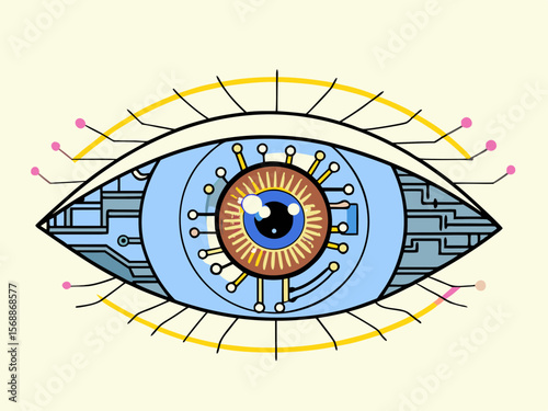 Vector illustration of eye clock symbol, a round art design with a business watch icon and zodiac sun pattern