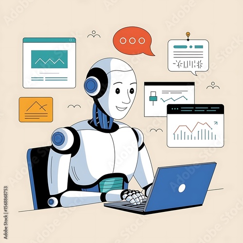 Modern Illustration of Robot Using Laptop in Futuristic Workspace Depicting Advanced Artificial Intelligence and Digital Productivity