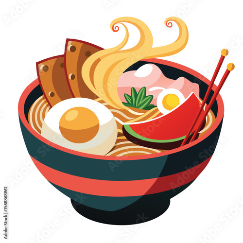 A bowl of steaming ramen with noodles, an egg, and meat, a delicious and inviting icon for asian cuisine and food.