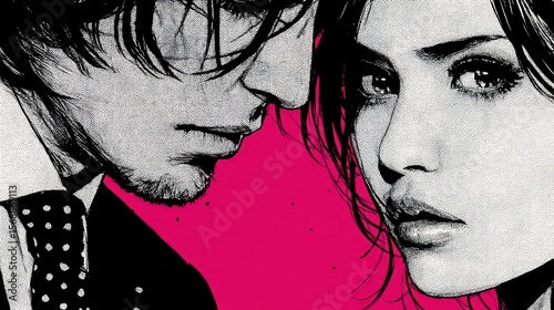 Close up illustration of a man and woman with dramatic facial expressions and a pink background
