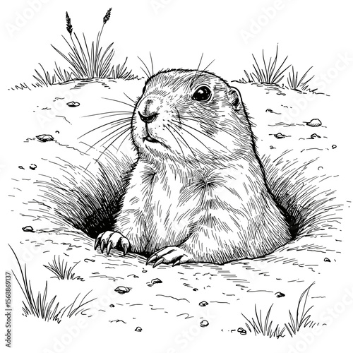 A prairie dog emerges from its burrow, illustrated with detailed fur, whiskers, and claws, surrounded by rocks and grass in black-and-white line art.