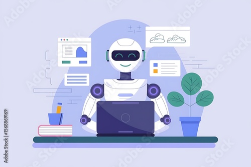 Illustration of AI Robot Typing on Laptop in Bright Digital Workspace, Symbolizing AI Empowerment, Ai technology and Business Automation