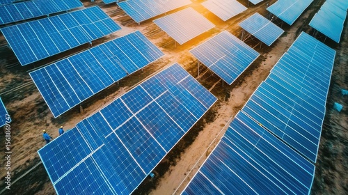 Aerial View of Workers at Construction Site of Solar Farm Panels