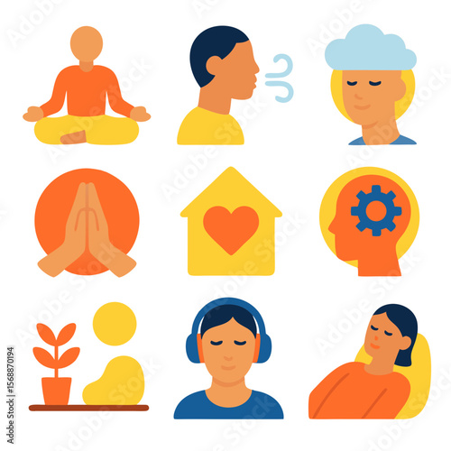 Meditation and mindfulness icons, suitable for relaxation apps, mindfulness resources, yoga websites, and mental health blog posts.