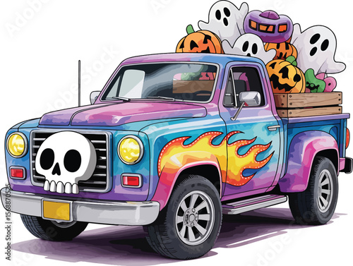 ghost truck in Halloween illustration premium quality