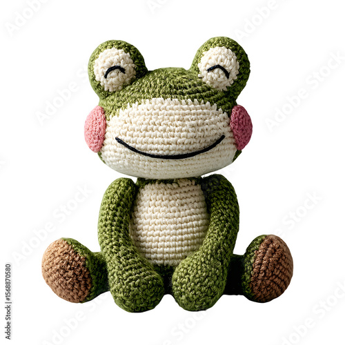 Crochet frog plush with wide smile and pink cheeks, handmade amigurumi-style toy in green yarn, sitting pose, isolated transparent background styled for baby shower