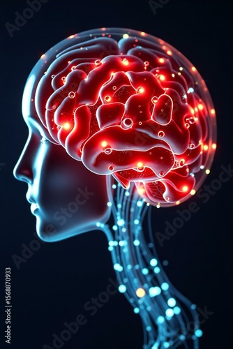 Glowing human brain with neural network connections and blue light streaks