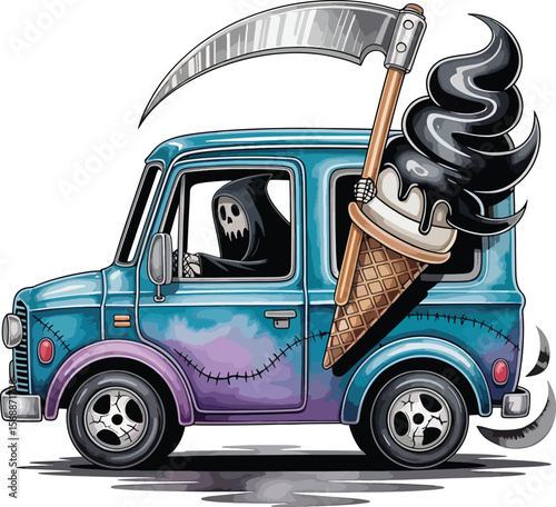 Halloween ice cream truck driven by a stitched grim reaper illustration premium quality