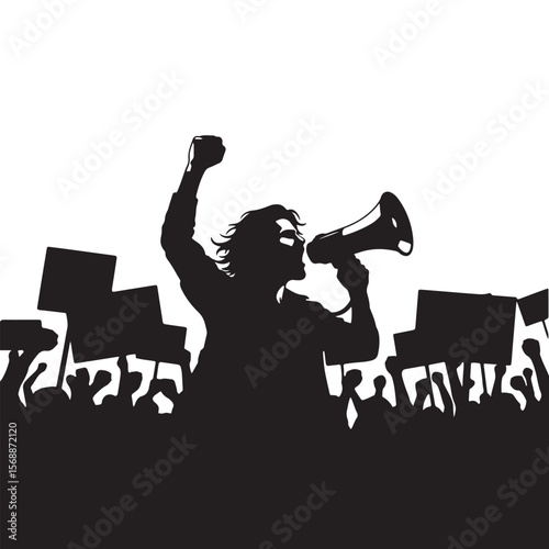 Protester with megaphone raising fist amidst crowd holding signs demonstration raised fist