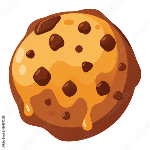 A warm chocolate chip cookie with slightly melted chips, a symbol of a sweet treat, a snack, and a cozy moment.