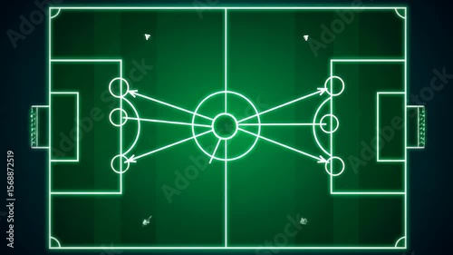 Soccer field diagram showing plays and formation with glowing green lines and shapes