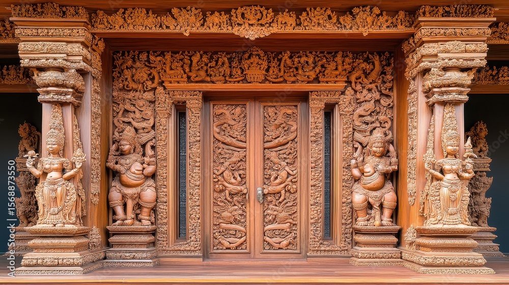 Obraz premium Intricate Wooden Door with Elaborate Carvings and Classic Details