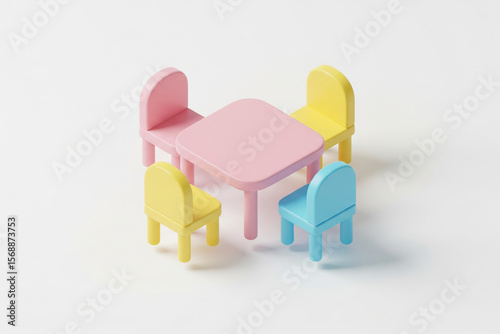 3D rendered minimalist children's table and chairs in various pastel colors