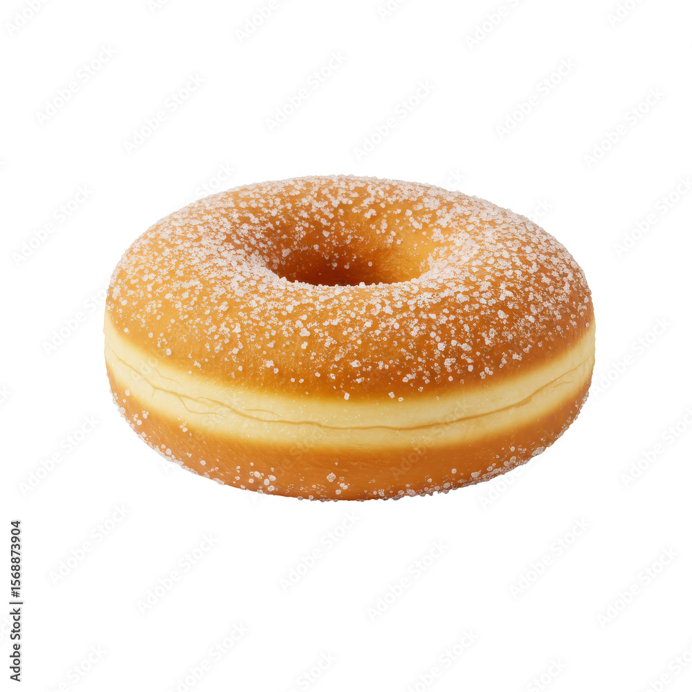 A freshly baked donut with a creamy filling, dusted with powdered sugar, isolated on a white background A freshly baked donut with a creamy filling, dusted with powdered sugar, isolated on a white background