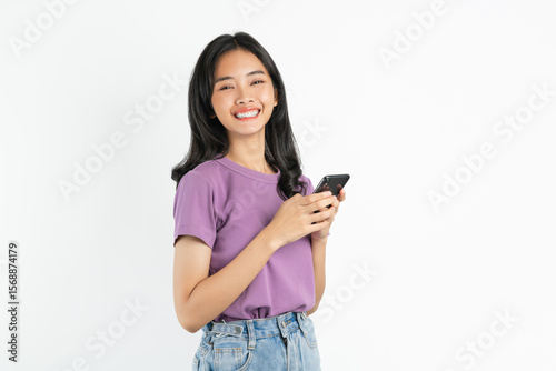 Smiling asian woman hand holding smartphone on white background.