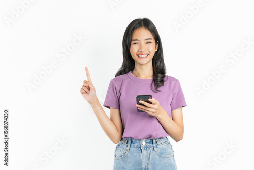 Smiling asian woman hand holding smartphone on white background.