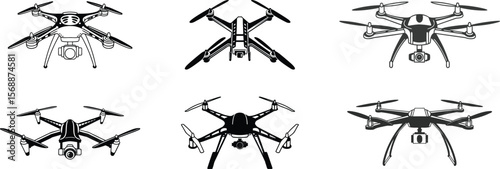 Drone Silhouette Vector Illustration with Camera, Flying Drone Illustration.
