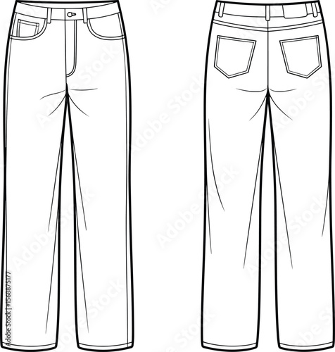 Technical Flat Sketch of Classic Straight Fit Jeans, Front and Back View, Fashion Design Template, Apparel Illustration, Vector Drawing flat vector illustration