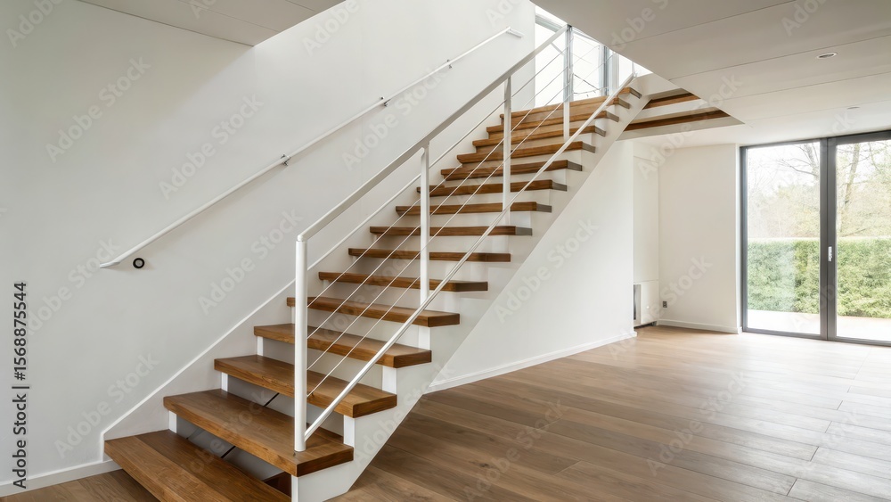 Obraz premium Modern staircase design in a spacious indoor setting.