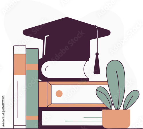 Graduation Cap on Books with Plant Flat Vector Education Illustration
